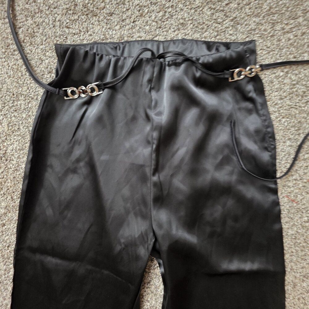 NWT Princess Polly Black Matina Silky Pants Size 2 Gold Chain Belt Straight Leg